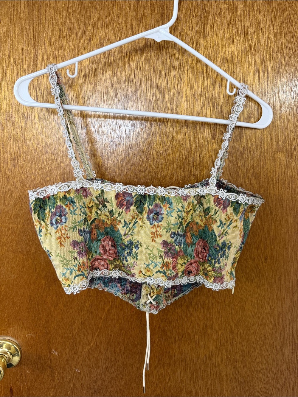 Cider Yellow Floral Tapestry Crop Cami with Lace